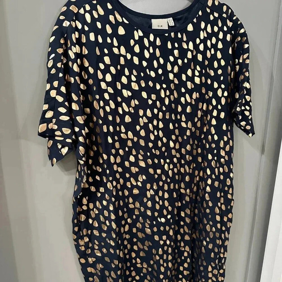 ELK Shift Dress Blue and Gold Foil Droplet Polka Dot Print Size US 6 - Picture 3 of 5